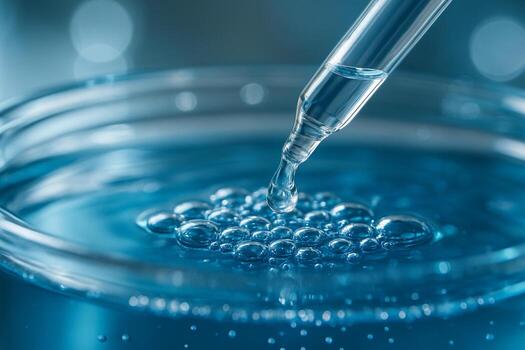 macro image of a clear pipette releasing a droplet into blue liquid forming bright bubbles symbolizing precision science purity and innovation in laboratory research photo