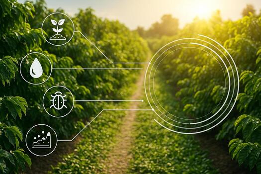 precision agriculture concept with real time crop monitoring sensors soil data and digital interface in lush green plantation field at sunrise photo