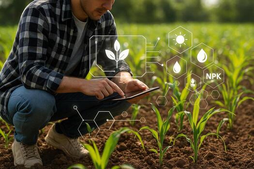 smart farming concept with young man using tablet in crop field enhanced with digital overlay to monitor plant health nutrients and moisture in real time photo