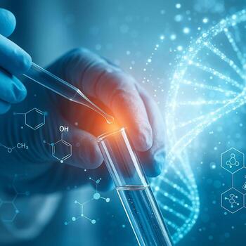 ultra realistic concept showing gloved hand using pipette with digital molecular graphics and glowing DNA helix representing biotechnology innovation and molecular science photo
