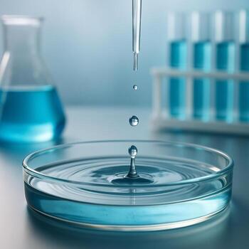 macro image showing a clear droplet falling into a petri dish with ripple effect in a clean professional laboratory environment photo