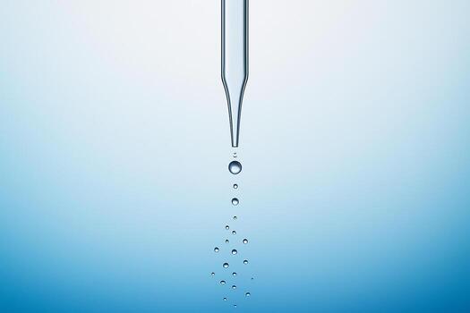 minimal close up of a vertical dropper releasing multiple clear droplets in a line against a smooth blue gradient background symbolizing purity science and precision photo