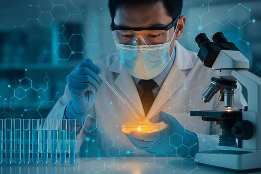 modern laboratory scene showing scientist with pipette and microscope surrounded by glowing molecular graphics representing advanced biotechnology research photo