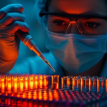 a close up of a lab researcher using micropipette to drop liquid into glowing test tubes under high tech lighting reflecting scientific precision and innovation photo