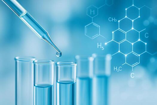 conceptual laboratory scene with pipette dropping liquid into glass test tubes overlaid with molecular structure graphics symbolizing advanced scientific research and innovation photo