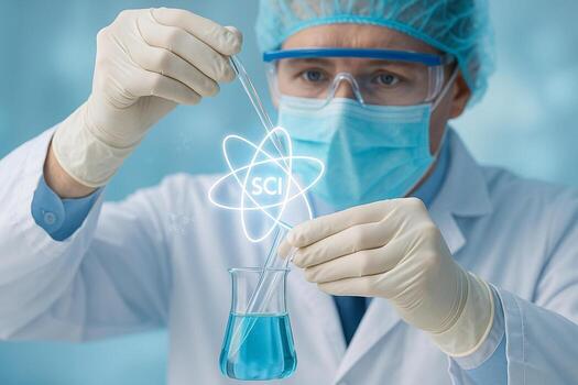 a scientist in full protective gear dropping liquid into a beaker with glowing atom graphics representing advanced science and biotechnology in a clean modern lab photo