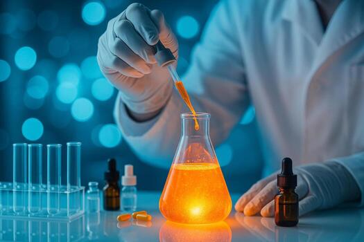 ultra realistic lab scene showing a gloved hand using a pipette to drop glowing orange liquid into a flask on a clean reflective surface with scientific tools in background photo