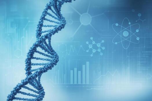 3D DNA double helix with molecular structures and scientific data graphics in cool blue tones representing genetics biotechnology and advanced biological research photo