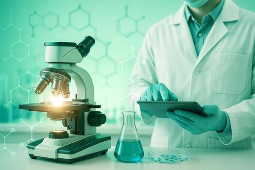 image of a scientist in a laboratory using a tablet beside a microscope with glowing light and molecular graphics in a futuristic turquoise setting. photo