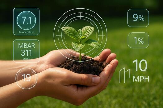 ultra realistic photo of human hands gently holding a green seedling with moist soil surrounded by futuristic HUD digital data elements showing temperature humidity and wind speed