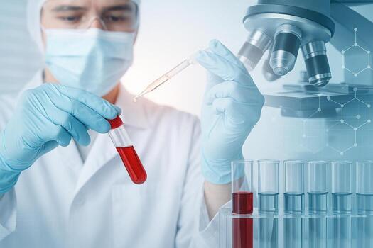 medical lab scene with scientist analyzing red liquid sample in test tube using pipette wearing gloves and mask with abstract microscope background photo