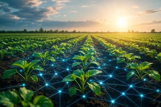ultra realistic field of green crops with glowing blue digital mesh symbolizing real time data analysis precision farming and sustainable technology in agriculture photo