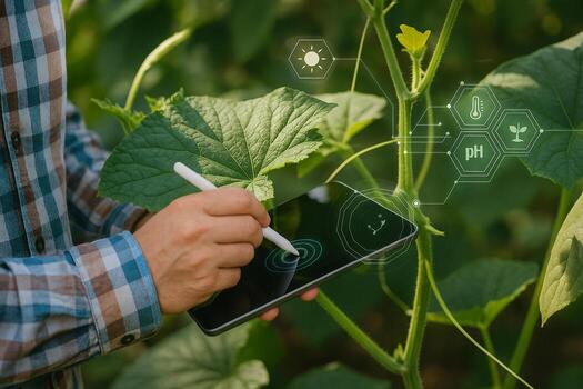 precision agriculture concept with farmer using digital tablet and stylus to monitor green plant growth supported by glowing data interface for smart and sustainable farming system photo