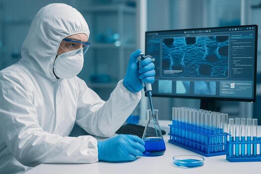 high resolution image shows a scientist using a micropipette in a high tech lab analyzing biological samples under sterile and digital controlled conditions photo