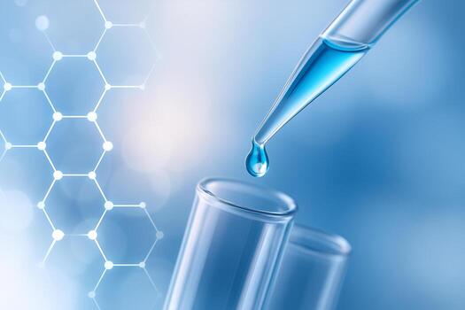 macro image of a pipette releasing a drop of blue liquid into a glass test tube with molecular structure graphics on a clean blue and white background photo