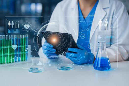 futuristic laboratory scene showing scientist with tablet analyzing data surrounded by colorful liquids and transparent digital interface overlay in a clean and modern workspace photo