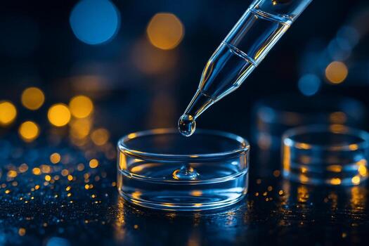 macro image of a pipette releasing a droplet into a small glass container with golden bokeh lights and cool blue tones symbolizing precision cleanliness and innovation in science photo