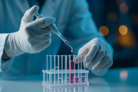 close up of gloved hands using a pipette to drop pink tinted liquid into test tubes under soft blue and yellow bokeh light in a clean professional laboratory setting photo