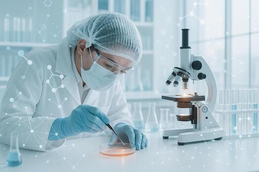 scientist in protective clothing using tools on petri dish with microscope and glassware in clean modern laboratory with molecular graphics overlay photo