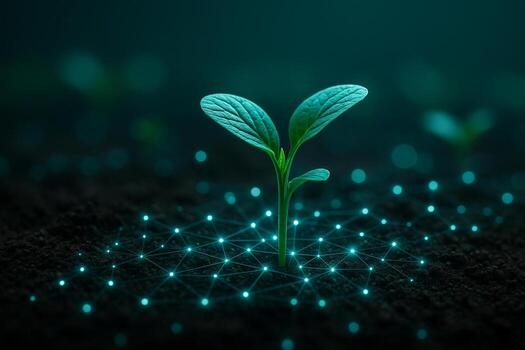 image of a small green seedling emerging from dark moist soil with glowing digital grid representing sensor network for smart agriculture and real time data integration photo