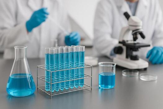 image of blue liquid filled test tubes in a rack with flask and beaker in a clean professional science laboratory with scientists working and microscope in the background photo
