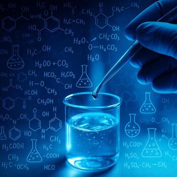 conceptual image blending laboratory realism with scientific graphics showing gloved hand using pipette over beaker with chemical formulas in blue tones photo