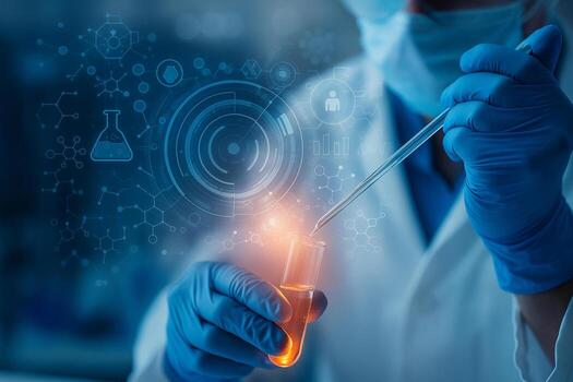 image of scientist using pipette with glowing droplet surrounded by holographic molecular and medical icons representing advanced research and biotechnology photo