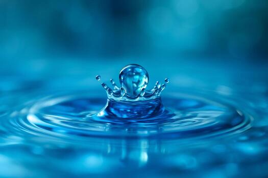 close up of a vivid blue water drop splashing into a clear liquid surface creating a crown shape with ripples and bubbles symbolizing purity freshness and elegance photo