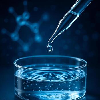 macro view of pipette drop falling into clear liquid with molecular graphics in blue background symbolizing accuracy cleanliness and innovation in scientific research photo