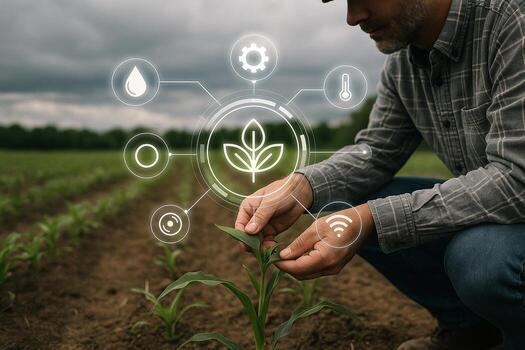 realistic image showing a farmer inspecting crops with digital overlays representing data driven smart farming in a natural field environment photo