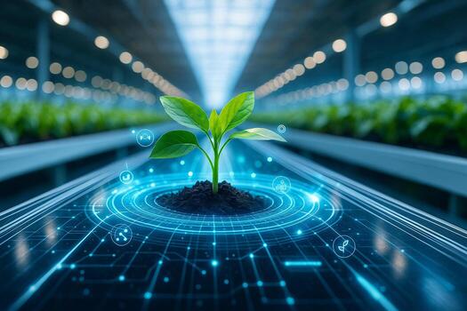 concept showing young seedling growing in controlled indoor farm with glowing digital interface representing smart farming data analysis automation and sustainable agriculture technology photo