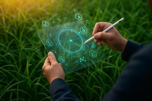 concept showing smart farming interface with glowing digital icons on transparent tablet held by farmer in green field representing data driven agriculture innovation and sustainability photo