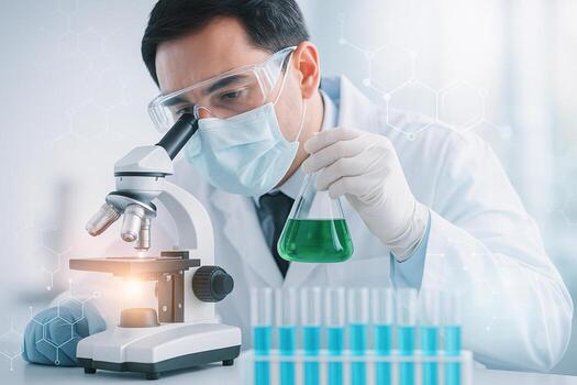 scientist in sterile lab analyzing specimen with microscope and holding green liquid in flask expressing precision innovation and dedication in scientific research photo