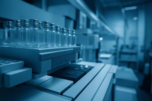 high precision laboratory scene showing automated analysis with glass vials in a clean controlled environment filled with calm and futuristic atmosphere photo