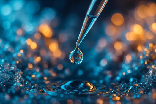 close up of a clear droplet from pipette with crystal like background in blue and gold tones symbolizing precision elegance and advanced science photo