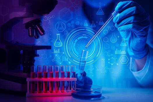 image of gloved hands using a pipette in a futuristic laboratory with microscope red test tubes molecular graphics and digital interface representing innovation and advanced research photo