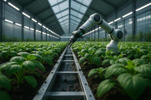 robotic arm working with green crops in a high tech greenhouse using automation and precision farming to monitor and manage plant growth in controlled environment photo