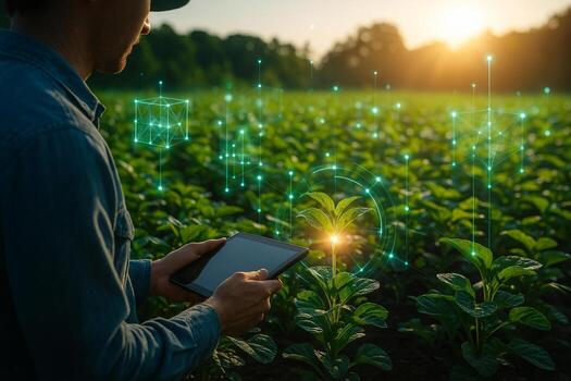 futuristic smart farming scene showing a farmer using digital tablet in green field with glowing holographic cubes and data network elements photo