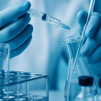 close up of scientist hands using syringe to drop liquid into glass test tube in sterile laboratory setting with soft blue tones conveying calm precise scientific process photo