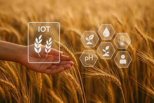 symbolic image showing human hand gently touching ripe wheat with digital iot icons floating above symbolizing smart farming and sustainable precision agriculture photo
