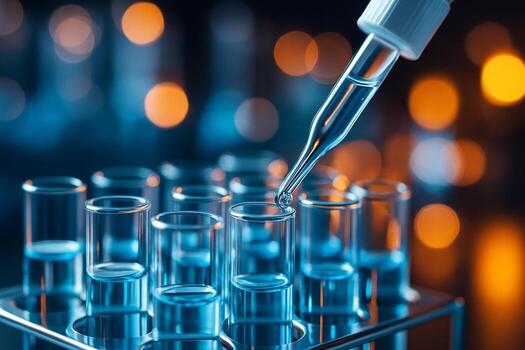 close up of a pipette dispensing clear liquid into glass test tubes with blue solution in a modern laboratory bokeh background symbolizing precision and innovation in research photo