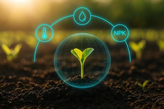 ultra realistic photo of a young green seedling emerging from moist soil surrounded by a transparent globe and glowing smart farming icons representing data driven agriculture