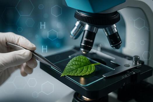close up of scientist examining green plant leaf under microscope with molecular graphics overlay representing advanced biotechnology and innovation photo