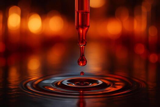 macro image of a red droplet falling from a dropper into liquid creating ripples with warm glowing background representing science medicine and research precision photo