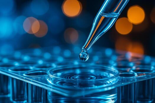 macro image of a clear pipette releasing a drop into a microplate well with sharp reflections and bokeh background symbolizing sterile scientific research photo