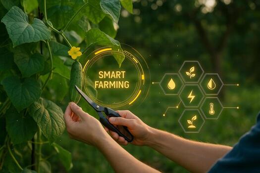 symbolic scene of smart farming with farmer harvesting cucumber by hand supported by glowing digital interface showing data driven agriculture and real time environmental monitoring photo