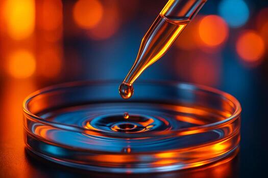 macro image of pipette releasing orange tinted droplet into petri dish with ripple effect against warm and modern bokeh background symbolizing accuracy and cleanliness photo