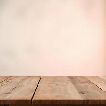 Empty wooden tabletop on abstract blurred background for displaying products photo