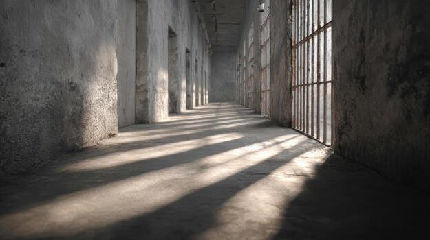 Dimly Lit Abandoned Prison Corridor With Rusty Bars. Eerie Atmosphere Of Desolation And Decay photo