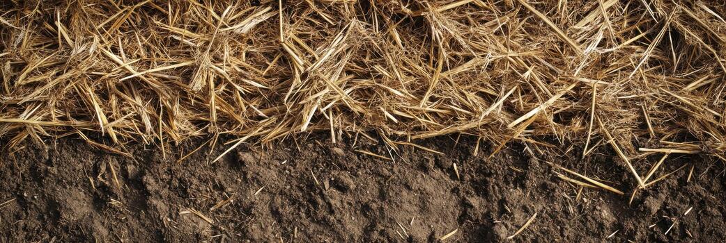 Top view of dry straw layer on dark soil surface in agricultural field concept photo